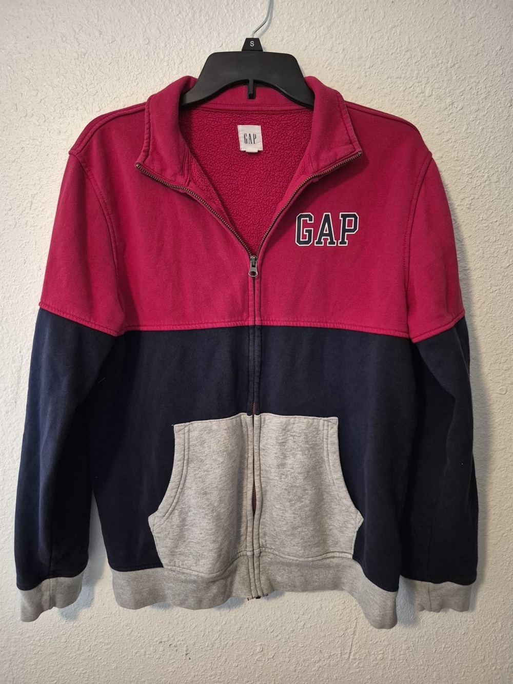 Vintage Preppy Gap zip up jacket with red, navy blue, and gray color blocking